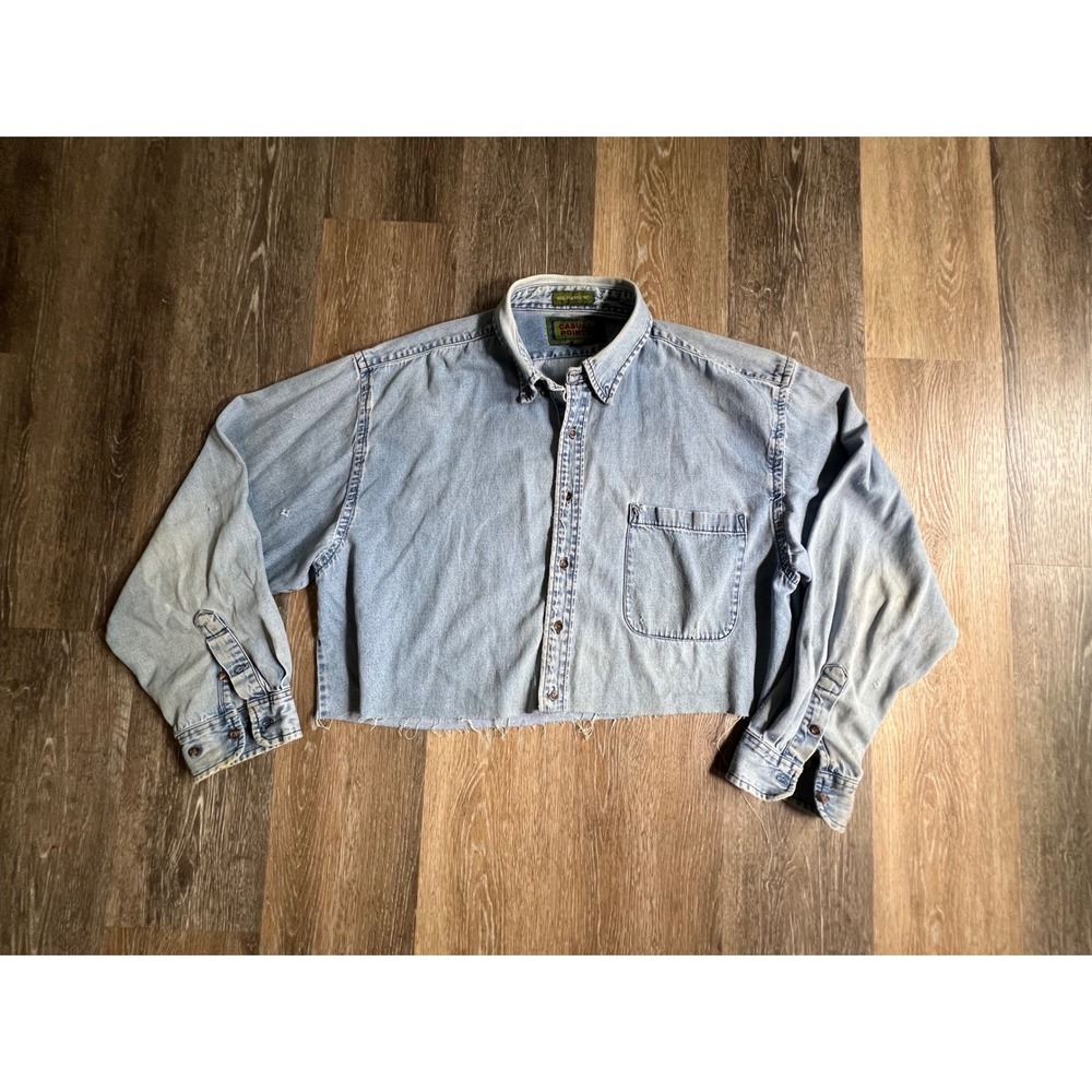 Casual Pointe Denim Shirt Mens‎ XL Light Wash Raw Hem Cropped Distressed Boxy